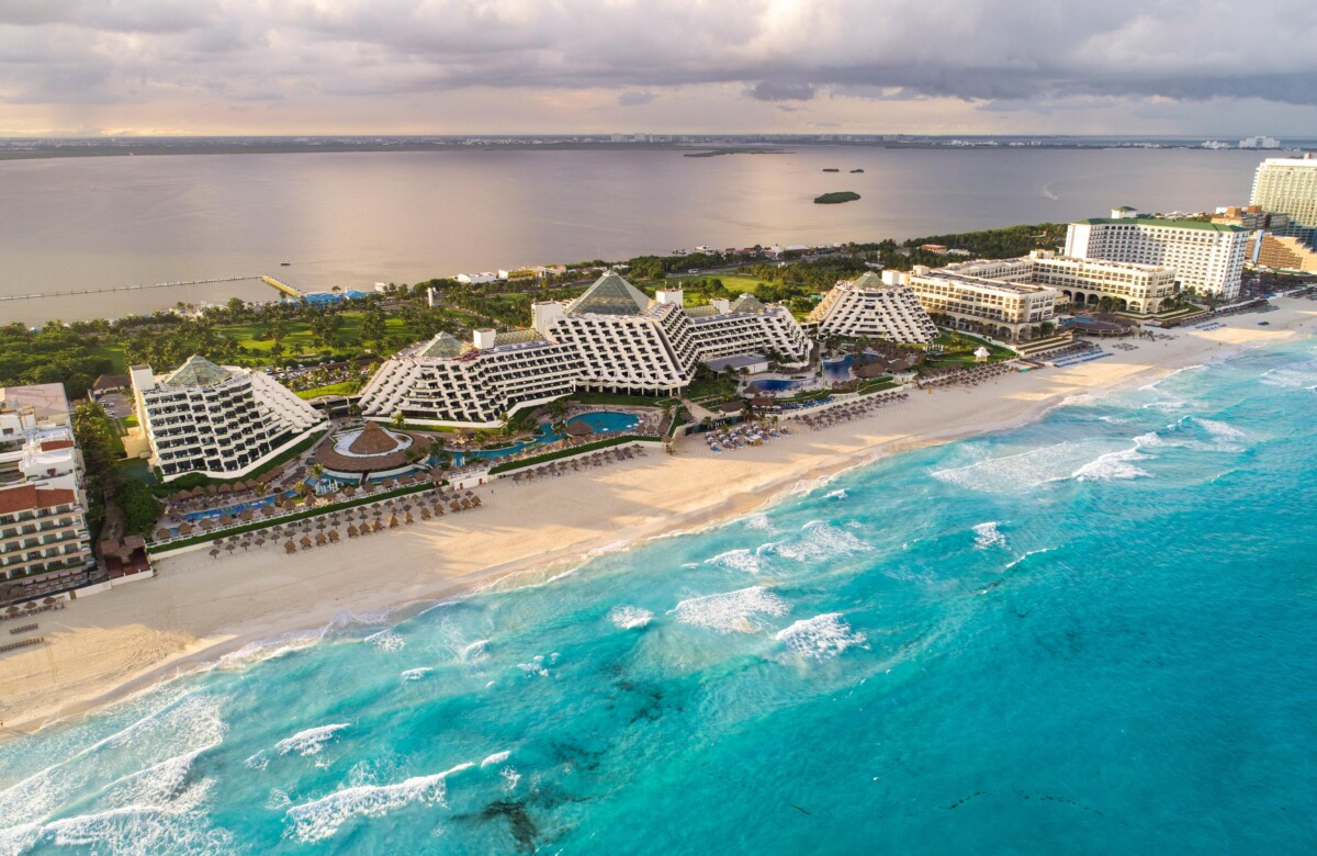 Aerial view of Paradisus Cancun resort along the hotel zone highlights beachfront accommodations for meetings and incentive groups.